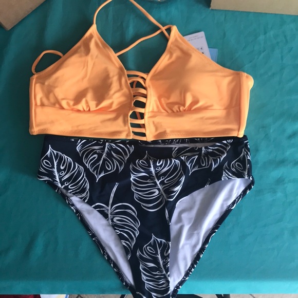 yellow and leaves print bikini cupshe